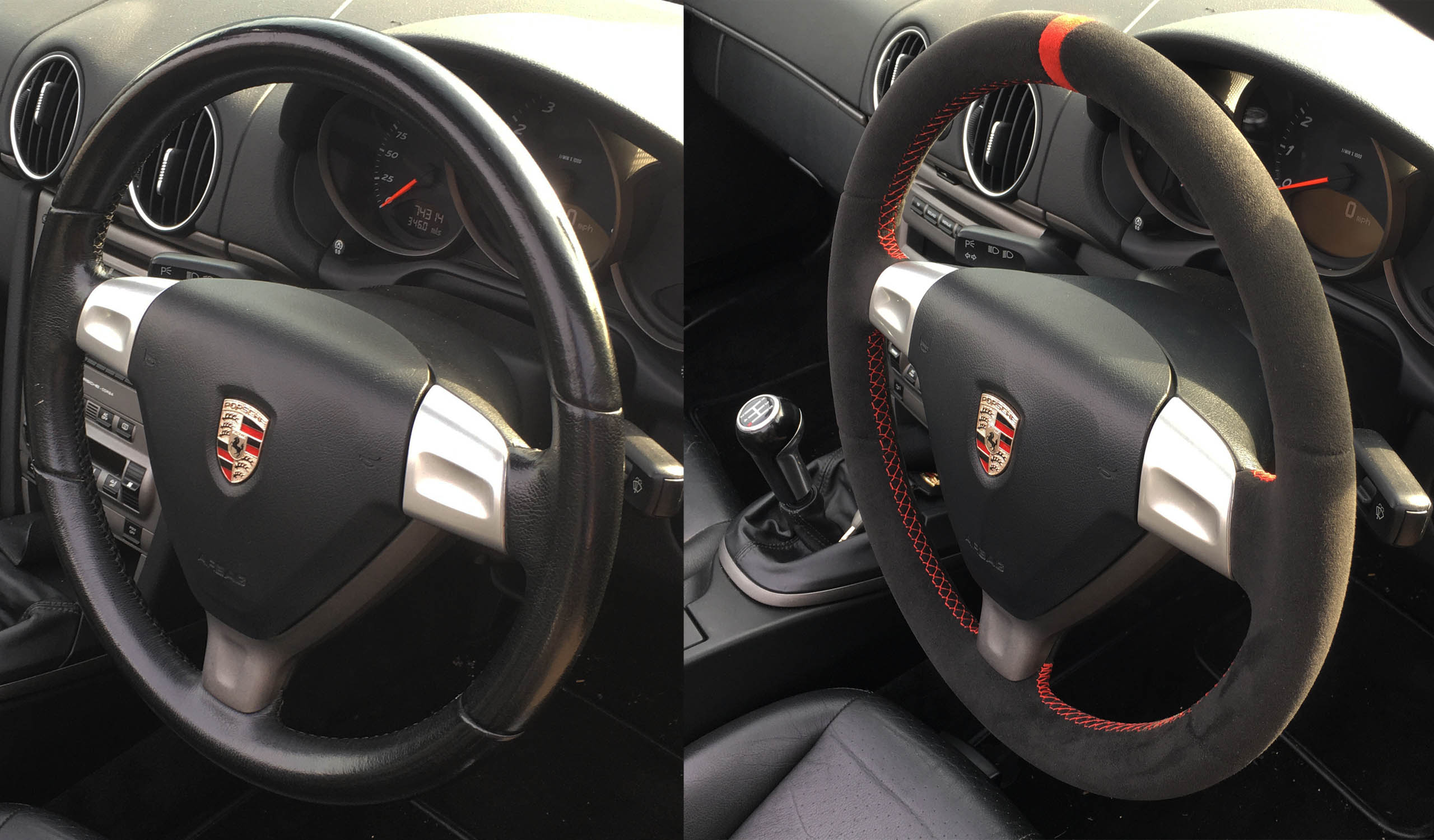 Porsche 987 Cayman steering wheel upgrade charcoal grey Alcantara red stitching and top marker re trim by Designls ltd 