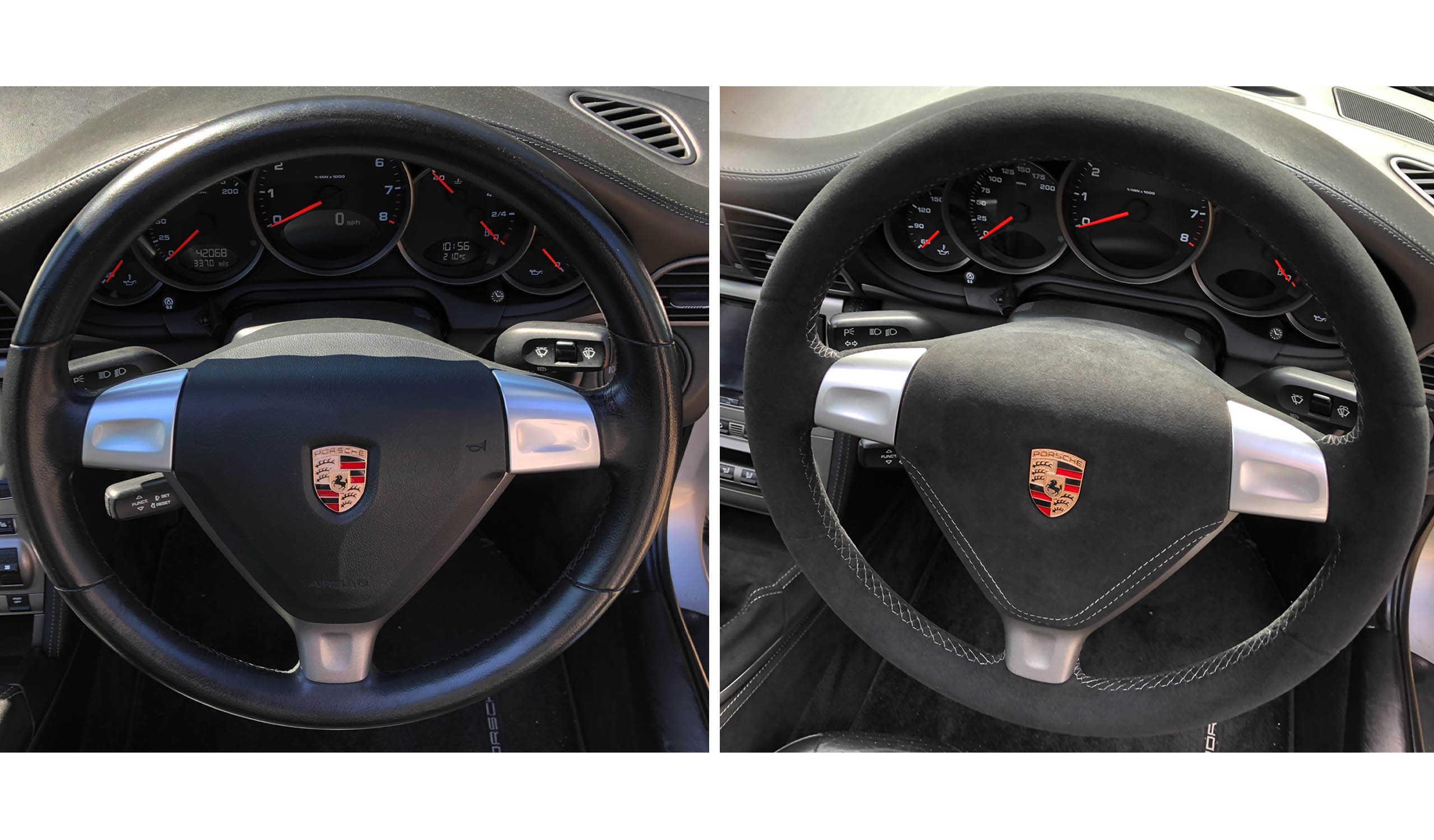 Porsche 911 997 alcantara steering wheel re trim including airbag cover with silver grey stitching